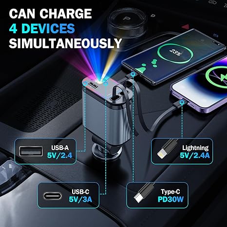 StarVolt 66W USB C Car Charger – Starlight Fast Charging, 4-in-1 Retractable Design, Multiple Ports for iPhone & Android